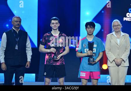 Chennai, Indien. 30. März 2025. Der 18-jährige Oh Jun-sung triumphierte in einem packenden Siebenspiel für Männer im Singles gegen den französischen Konkurrenten Thibault Poret Stockfoto