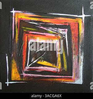 Illustration aus Original Moderne abstrakte Kunst - zeitgenössische Malerei - quadratisches Format - Schwarz Rot und Gelb Farben - ausdrucksstark Stockfoto