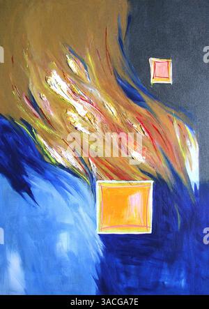 Moderne abstrakte Kunst - Malerei - Hintergrund - Quadrate und Wellen, gelber Feuerrauch, Blau und Orange Kontrast Stockfoto