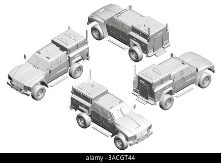 Vier weiße gepanzerte Fahrzeuge werden in einer Reihe angezeigt. Die Fahrzeuge sind alle weiß und haben ein ähnliches Design mit einem großen Dach. Isometrische Ansicht. 3D. Stock Vektor