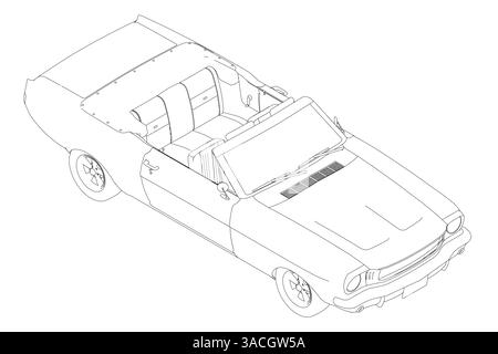 Eine schwarz-weiße Zeichnung eines Autos mit Schiebedach. Das Fahrzeug ist ein Cabriolet und hat ein Schwarz-weiß-Farbschema. Isometrische Ansicht Stock Vektor