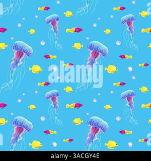 Nahtloses Muster mit Quallen, Fischen, Blasen, Aquarellillustration auf einem isolierten blauen Hintergrund. Für Textil, Stoff, Design, Karte, Poster, Stockfoto