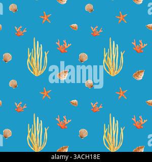 Nahtloses Muster mit Korallen, Seesternen, Muscheln, Korallen, Aquarellillustration auf einem isolierten blauen Hintergrund. Für Textil, Stoff, Design, Karte, poste Stockfoto