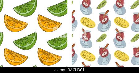 Orange Limettenscheiben Pop Art Glühwein Glas Zimtstab Blätter Fruchtschale nahtloses Muster Set 2. Isolierte Vektor-Illustration Wallpaper Wrapping oder Web-Promo-Banner Thematische Karten, Etikett, Posten Stock Vektor