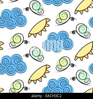 Stilisierte Schmetterlinge Sonne Wolken nahtloses Muster Freihand Sommer abstrakte Hintergrund Textur Konzept. Isolierte Vektor-Illustration Thematische Karte Wallpaper Wrapping oder Web Promo Banner, Poster, Faltblatt Stock Vektor