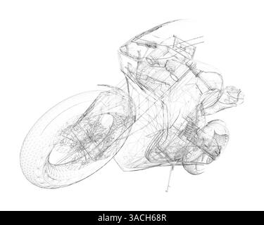 Ein Motorrad ist in einer Schwarzweißzeichnung dargestellt. Die Zeichnung ist sehr detailliert und zeigt die verschiedenen Teile des Motorrads, einschließlich der Räder, Handl Stock Vektor