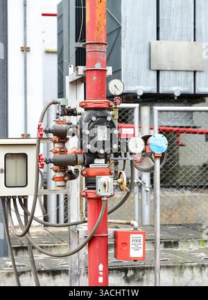 Wasserregelventil, Ventil an Wasserpumpe in einer Industrie zur Versorgung mit Hochdruckwasser. Sprinklerleitungen und Druckkontrollsystem Stockfoto