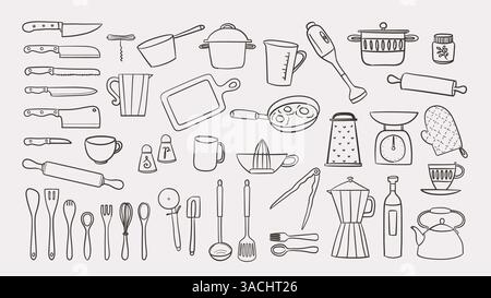 Niedliches handgezeichnetes Koch- und Küchenutensilien Doodle Set, perfekt für die Dekoration von Oberflächen, Kochrezepte, Drucke und Bastelprojekte. Insgesamt 43 Stock Vektor