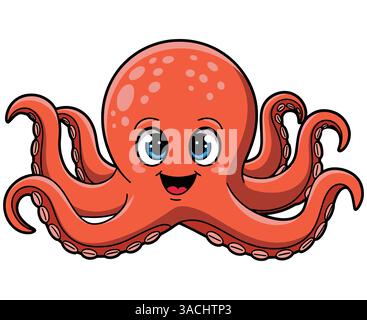 Niedliches Meeresleben mit Tintenfisch. Entzückende Meeresbewohner umgeben von Meeresobjekten im Doodle-Stil. Vektor-Zeichentrickillustration isoliert auf weißem Hintergrund. Stock Vektor