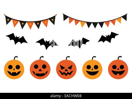 Niedliches Halloween-Girlande-Set mit Jack O' Laternen, Kürbissen und Fledermäusen. Einfaches Bannerdesign für Partydekor, Vektorelement ideal für fest Stock Vektor