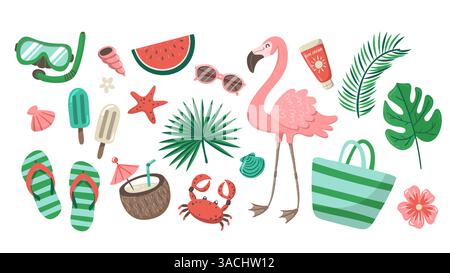 Niedliches handgezeichnetes Sommer- und Strand-Clipart-Set, perfekt zum Dekorieren von Oberflächen, Drucken und Bastelarbeiten. Insgesamt 20 Artikel. Vektorabbildung. Stock Vektor