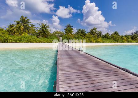 Fantastisches Konzept für die Reiselandschaft. Wunderschöne beste tropische Insel der Malediven und Holzpier Pfad. Sonniger Strand Meeresbucht Kokospalmen am blauen Himmel Stockfoto
