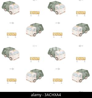 Müllwagen mit Aquarellmuster, Stadtdienstwagen. Transportbild, Straßenschild. Nahtloser Druck für Kinder auf dem Hintergrund für Design und Stoff Stockfoto