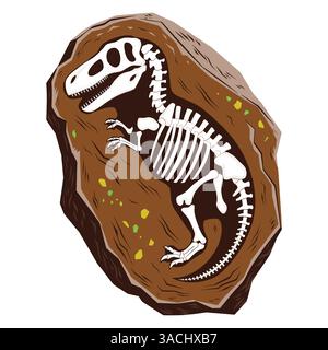 Dino-Fossil-Skelett in Gestein. Cartoonvektor eines Tyrannosaurus rex Reliks, einer vollständigen Skelettstruktur eingebettet in braunen Stein. Ideal für Prähistori Stock Vektor