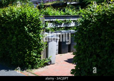 Gabage Mülleimer in verschiedenen Farben umzäunt in der Gegend mit vielen Häusern Apartments Stockfoto