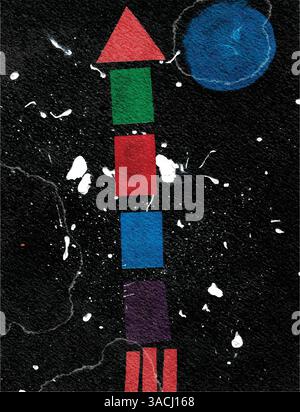 Aquarellhintergrund mit Raketenschiff, das in einen dunklen Nachthimmel mit Sternen stürzt Stock Vektor