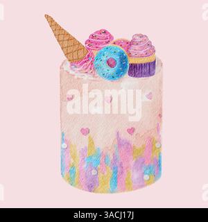 Aquarellillustration einer skurrilen rosa Geburtstagskuche Stock Vektor