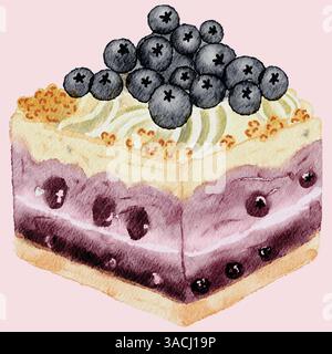 Aquarellillustration eines quadratischen Stücks aus Heidelbeerkuchen Stock Vektor