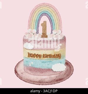 Aquarellillustration einer pastellfarbenen Regenbogentorte zum ersten Geburtstag Stock Vektor
