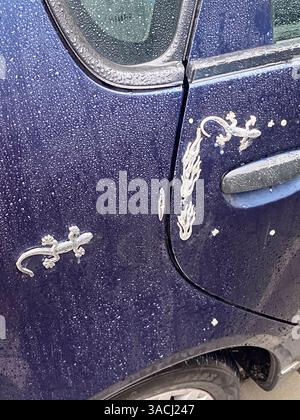 Crema, Italien - 2. März 2025 Regentropfen glitzern auf einem dunkelblauen Mitsubishi Carisma, mit auffälligen Metallic-Geckos und Flammenaufklebern, geparktem Gra Stockfoto