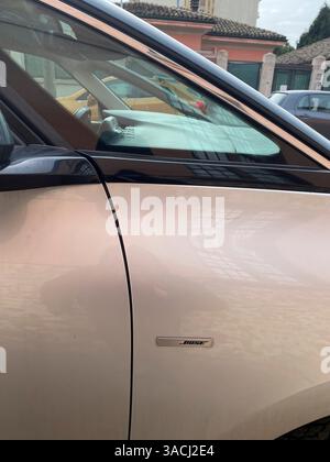 Crema, Italien - 2. März 2025 Nahaufnahme des Bose-Logos an der Vordertür eines beigefarbenen Renault Espace Initiale Paris, das den Premium-Soun unterstreicht Stockfoto