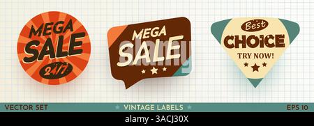 Set mit Verkaufstickern im Retro-Design. Coole, trendige Discount-Etiketten. Vector Special Offer Badges. Vektorabbildung Stock Vektor