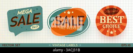 Set mit Verkaufstickern im Retro-Design. Coole, trendige Discount-Etiketten. Vector Special Offer Badges. Vektorabbildung Stock Vektor