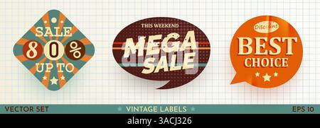 Set mit Verkaufstickern im Retro-Design. Coole, trendige Discount-Etiketten. Vector Special Offer Badges. Vektorabbildung Stock Vektor