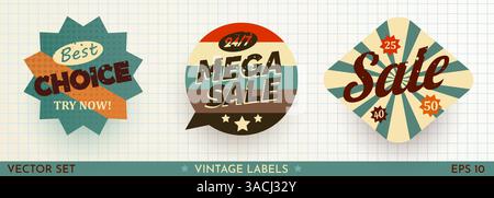 Set mit Verkaufstickern im Retro-Design. Coole, trendige Discount-Etiketten. Vector Special Offer Badges. Vektorabbildung Stock Vektor