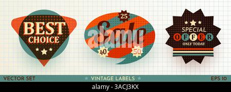 Set mit Verkaufstickern im Retro-Design. Coole, trendige Discount-Etiketten. Vector Special Offer Badges. Vektorabbildung Stock Vektor