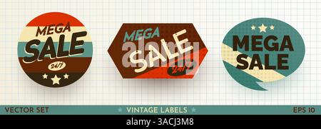 Set mit Verkaufstickern im Retro-Design. Coole, trendige Discount-Etiketten. Vector Special Offer Badges. Vektorabbildung Stock Vektor