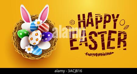 Hasenohren gucken aus dem Korb mit Ostereiern. Frohe Ostern. Vektorabbildung Stock Vektor