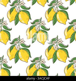 Nahtloses Muster mit reifer gelber Zitrone, grünen Blättern und weißen Blüten in flacher Form. Perfekt für Stoffdruck, Verpackung, Tapeten und Sommerdesign Stock Vektor