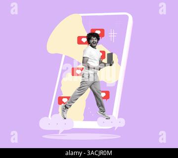 Content-Manager. Glücklicher Mann, der sich in die Nähe des Mobiltelefons springt, mit Benachrichtigungen über soziale Medien und Lautsprecher auf violettem Hintergrund, kreative Collage Stockfoto