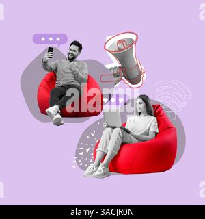 Content-Manager. Kreative Collage mit Menschen, die Geräte und Lautsprecher auf violettem Hintergrund verwenden Stockfoto