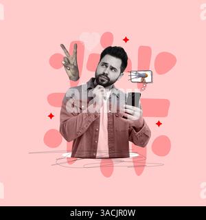 Content Manager mit Mobiltelefon auf rosa Hintergrund, kreative Collage Stockfoto