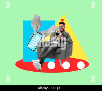 Content Manager mit Mobiltelefon im Sessel auf hellgrünem Hintergrund, kreative Collage Stockfoto