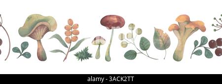 Nahtloser Rand mit Pilzen und Beeren im Herbst. Handgemalte Illustration mit Farbstift-Textur in warmen Erdpastelltönen. Perfekt Stockfoto