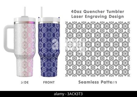 Nahtlose Lasergravur für 40-ml-Becher. Abstraktes, florales Fliesenmuster. Volle Becherfolie. Vektorabbildung. Stock Vektor