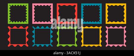 Satz von Rahmen mit Muschelkanten. Trendige quadratische Ränder mit Zick-Zack-Kanten. Moderne Vektorvorlage Stock Vektor