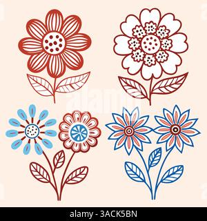 Eine Sammlung von vier stilisierten Blumenillustrationen in zwei Farbschemata. Stock Vektor