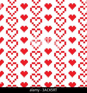 Nahtloses pixeliges rotes Herzmuster auf weißem Hintergrund Stock Vektor