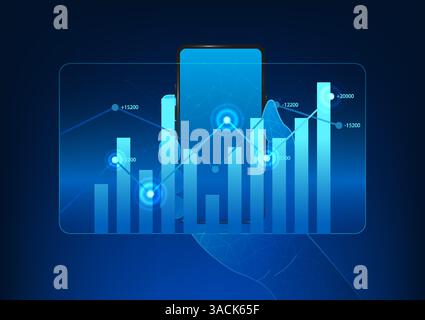 Smartphone-Technologie, Geschäftsmann, der ein Telefon mit einer Projektion einer Aktien- und Einkommensdiagramm hält und Geschäftsmann mithilfe von Technologie weiterleitet Stock Vektor