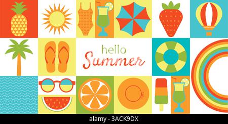 Hallo Sommer. Geometrisches Musterkonzept für Website-Design, Hintergrund, Banner, Reise- und Urlaubswerbung, Poster Stock Vektor
