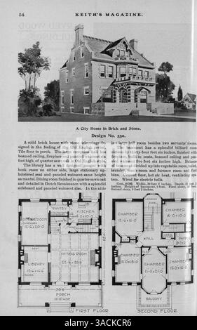 Keith’s Magazine, eine monatliche Publikation von Walter J. Keith aus dem Jahr 1901, zeigt Hausentwürfe, Grundrisse und Baukosten. Das Magazin enthält Artikel über Wohnbau, Inneneinrichtung und Landschaftsgestaltung sowie Werbespots für Materialien und Möbel. Einige Ausgaben umfassen Entwürfe für öffentliche Gebäude wie Kirchen und Schulen. Stockfoto