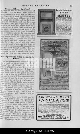 Keith’s Magazine, eine monatliche Publikation von Walter J. Keith aus dem Jahr 1901, enthält detaillierte Hausentwürfe, Grundrisse und Kostenschätzungen. Das Magazin enthält Artikel über Wohnbau, Inneneinrichtung, Landschaftsgestaltung und Werbung für Möbel und Materialien. Zu den Themen gehören Entwürfe für öffentliche Gebäude wie Kirchen und Schulen. Stockfoto