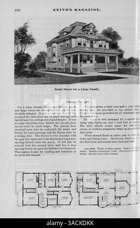 Keith’s Magazine, das erstmals 1901 vom Architekten Walter J. Keith veröffentlicht wurde, enthält Entwürfe für Häuser, Grundrisse und Kostenschätzungen. Das Magazin enthält Artikel über Wohnbau, Inneneinrichtung, Landschaftsgestaltung und Werbung für Materialien und Wohnmöbel. Einige Themen enthalten auch Pläne für Schulen und Kirchen. Stockfoto