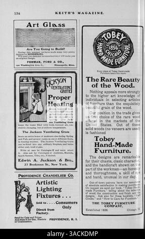 Keith’s Magazine, das erstmals 1901 von Walter J. Keith veröffentlicht wurde, bietet Hausentwürfe, Grundrisse und Kostenschätzungen. Das Magazin enthält Artikel über Wohngebäude, Inneneinrichtung und Landschaftsgestaltung sowie Anzeigen für Materialien und Möbel. Zu den Themen gehören Pläne für Schulen und Kirchen. Stockfoto