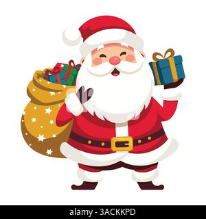Santa Claus Illustration. Flacher Vektor des süßen Weihnachtsmanns, der einen Sack voller Geschenke hält. Perfekt für Kinderdesigns, Weihnachtsmotive und festliche Projekte. Stock Vektor