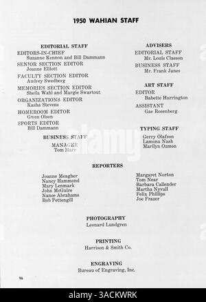 Das Wahian Yearbook 1950 der Washburn High School enthält Porträts von Schülern, Lehrkräften und Höhepunkten aus dem Schuljahr 1949-1950, darunter Vereine und sportliche Leistungen. Stockfoto